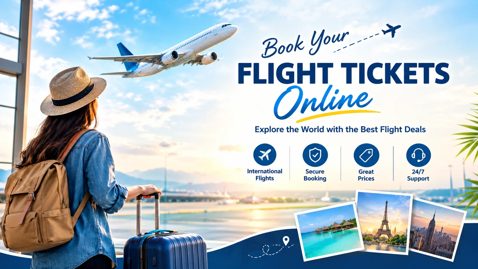 Flight Tickets Online banner showing a traveler at an airport with an airplane and international travel destinations