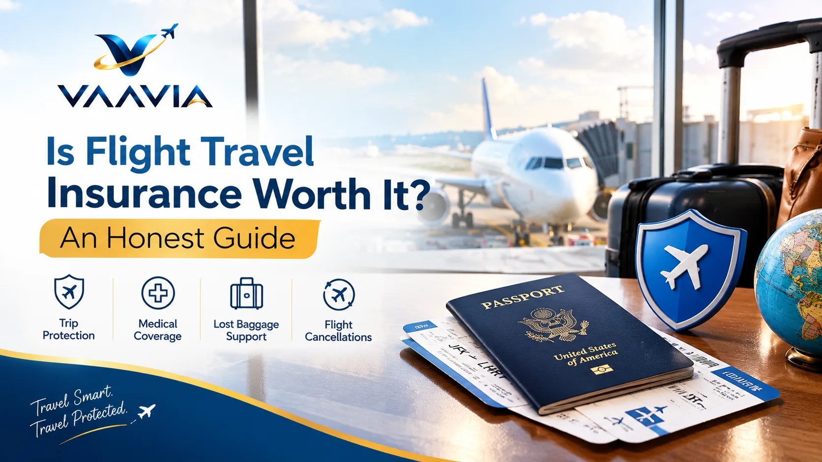 Vaavia travel insurance banner explaining whether flight travel insurance is worth it, with an airport, airplane, passport, luggage, and travel protection shield.