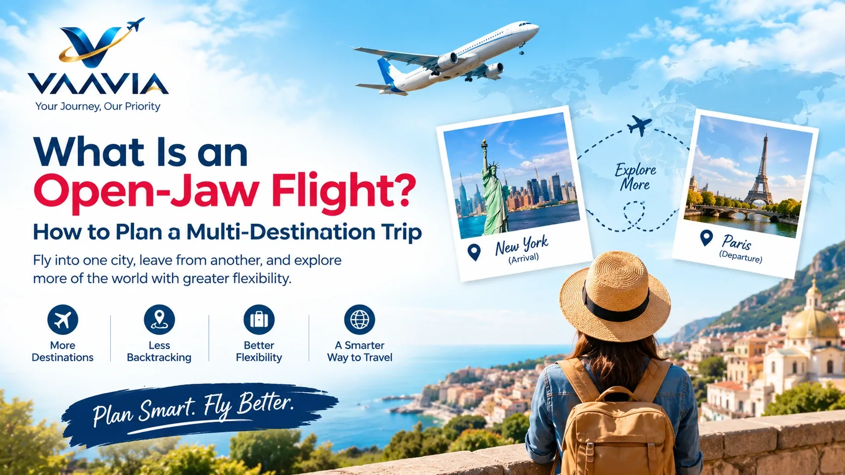 Open-jaw flight itinerary showing arrival in one city and departure from another for a multi-destination trip.