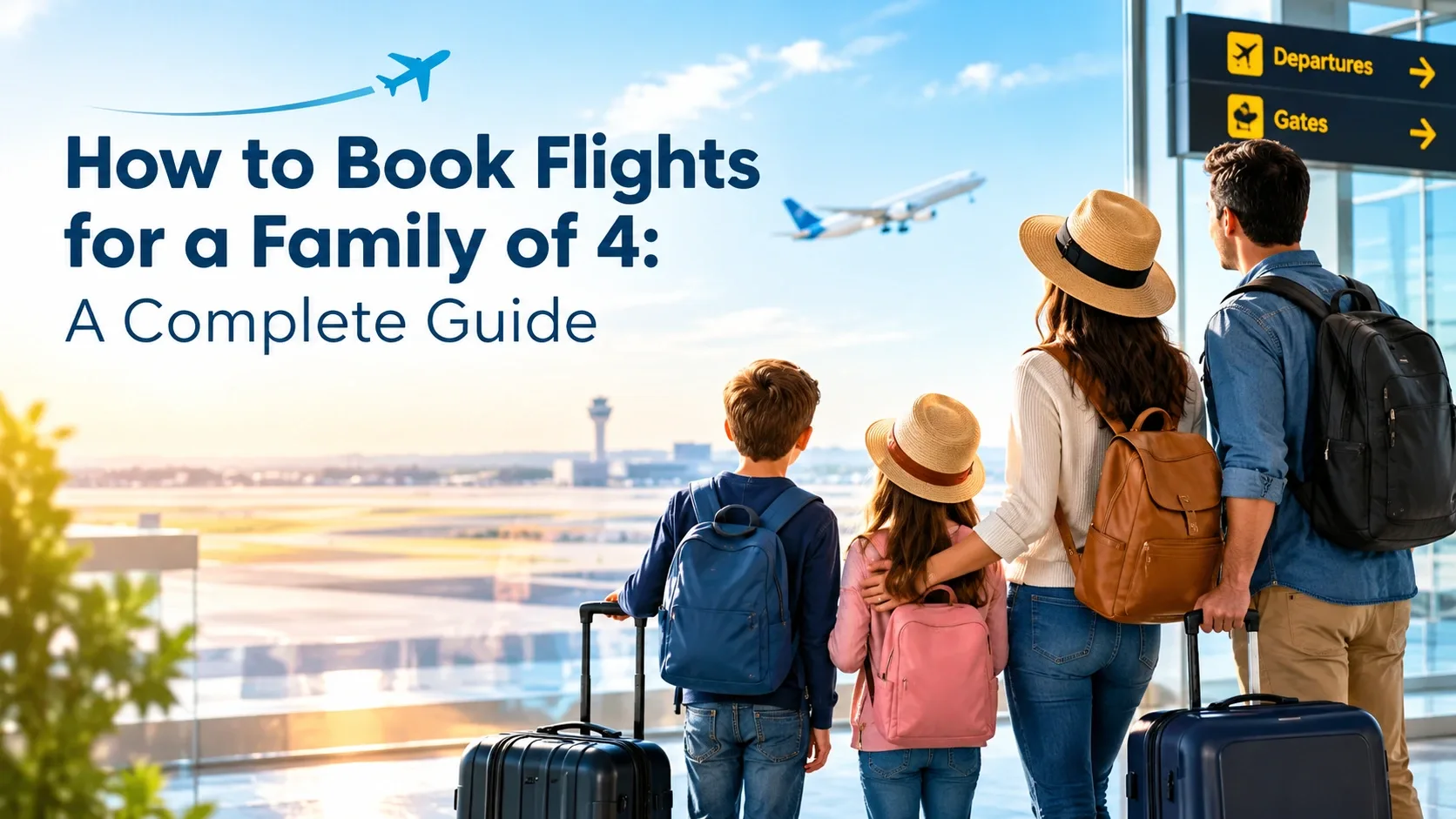 Family of four sitting together in an airplane cabin before a family vacation