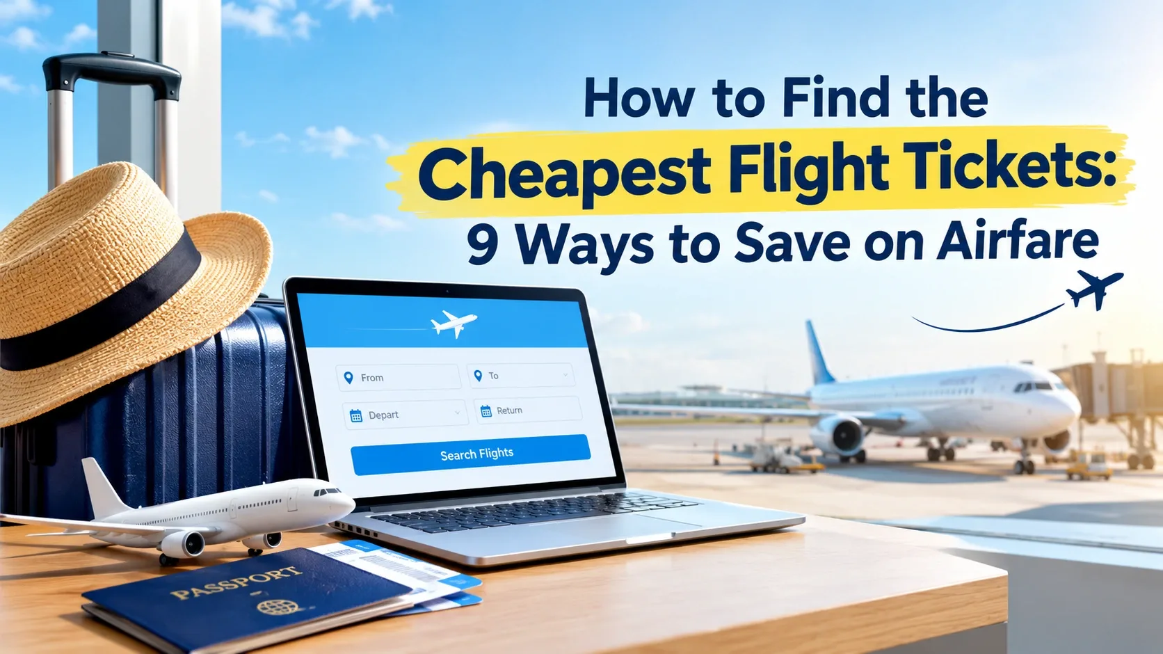 Traveler comparing flight prices on a smartphone at an airport, illustrating tips for finding the cheapest flight tickets and saving money on airfare.
