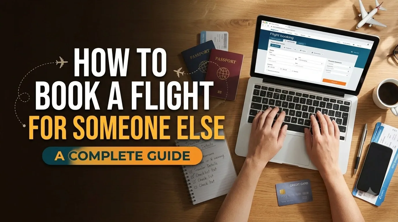 Person booking a flight for a family member using a laptop and travel documents