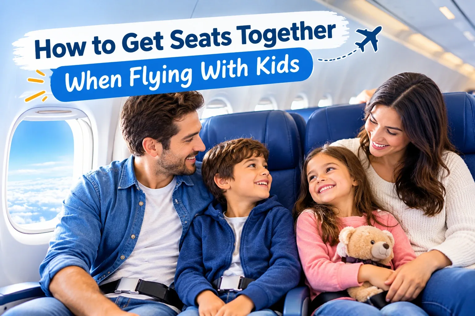 Parents and children sitting together in an airplane cabin during a family trip