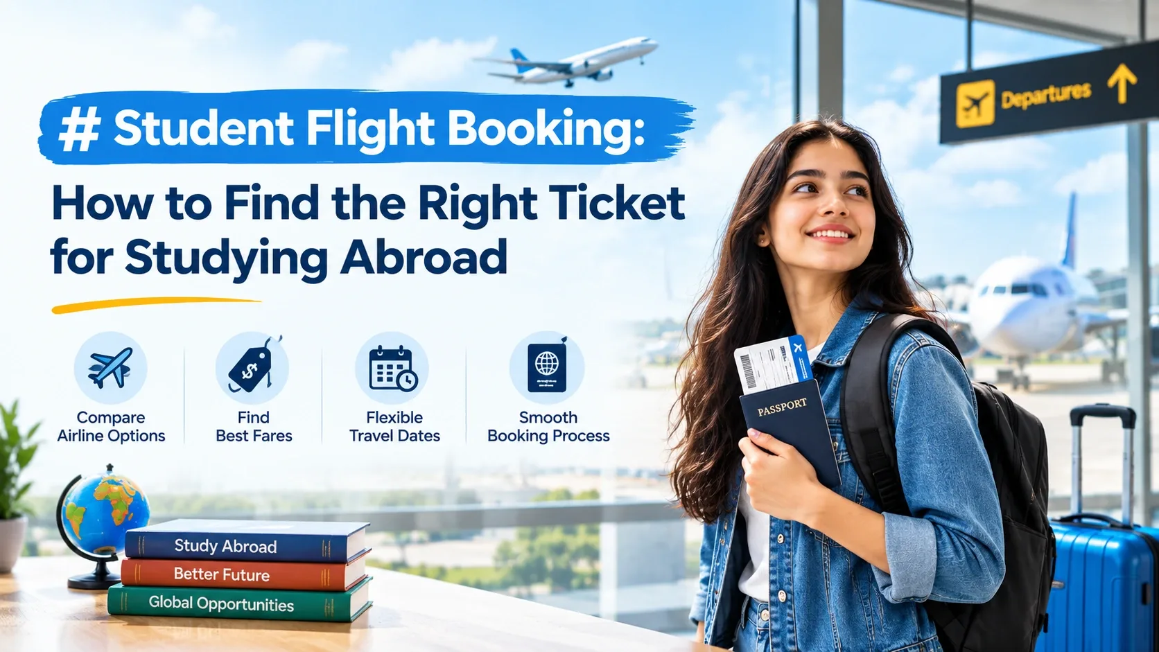 Student booking an international flight for studying abroad with luggage and travel documents