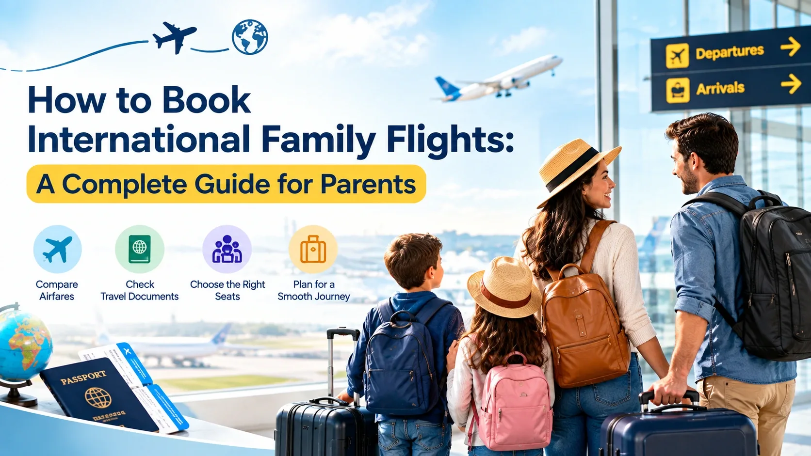 Family traveling together at an airport before an international flight