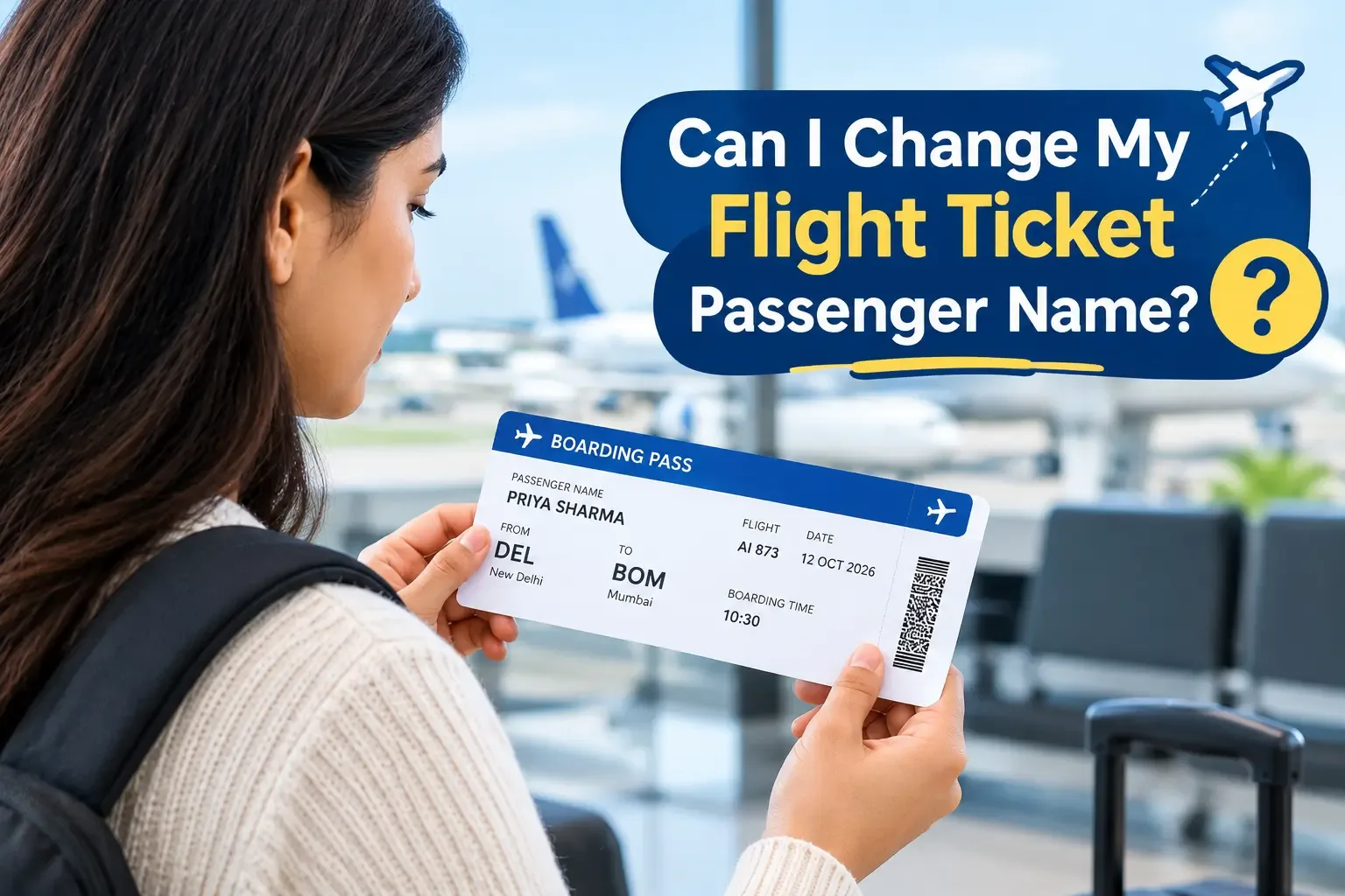 Traveller checking passenger name details on a flight ticket before departure