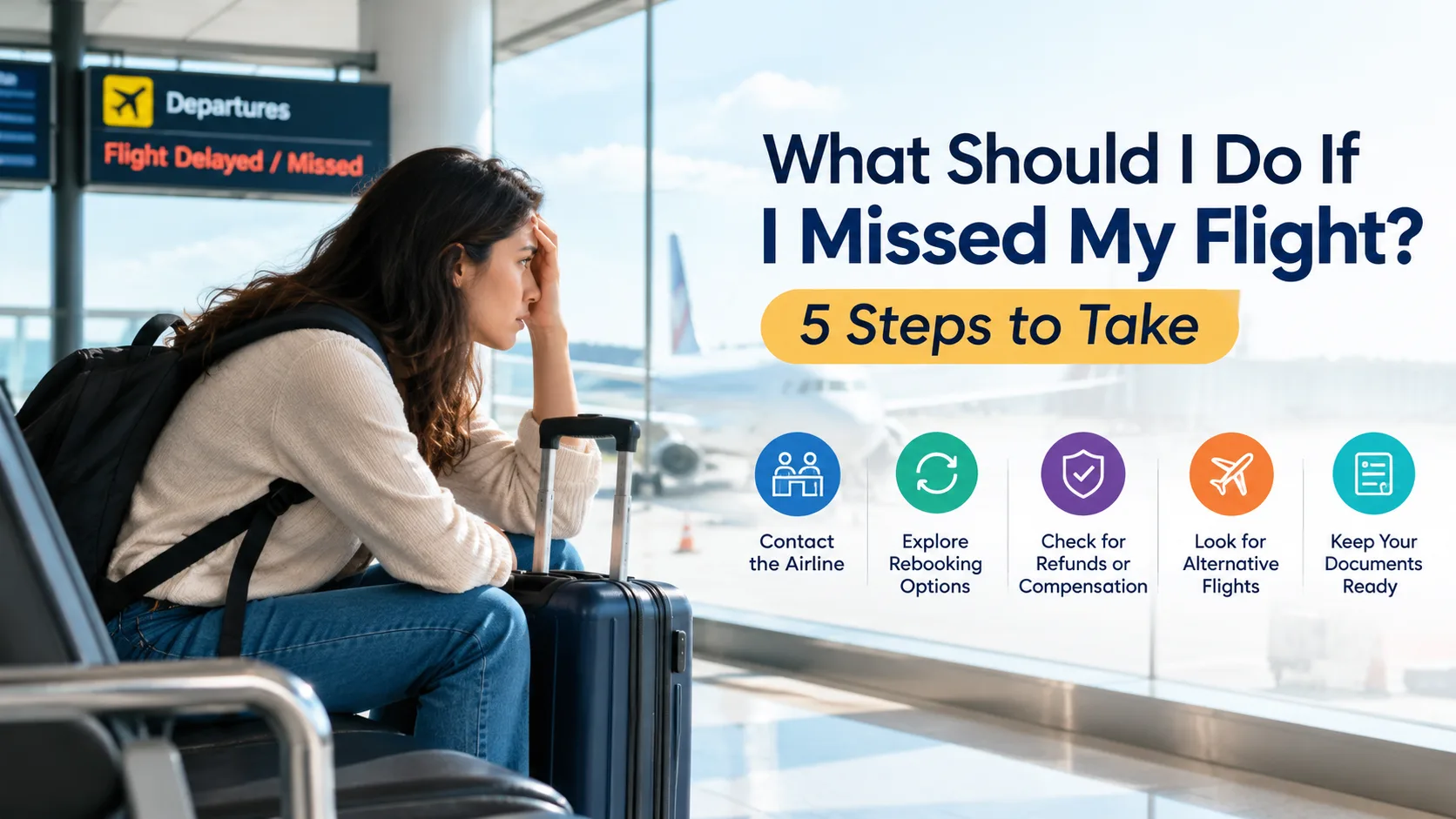 Traveler checking an airport departures board after missing a flight