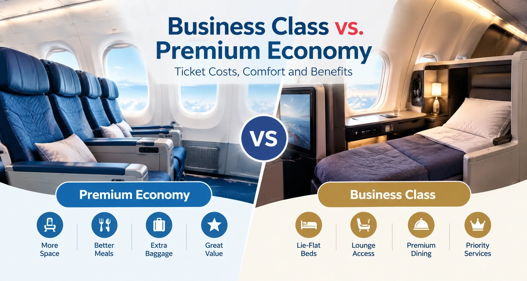 Business class vs premium economy airplane cabins showing differences in seating, comfort and personal space.