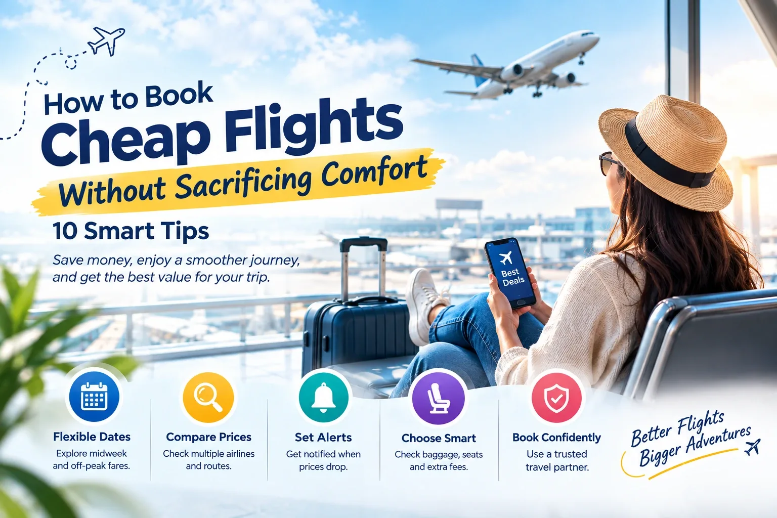 Traveler at an airport preparing for a comfortable trip, with tips for booking cheap flights, comparing airfare, checking baggage fees, and choosing flight options.
