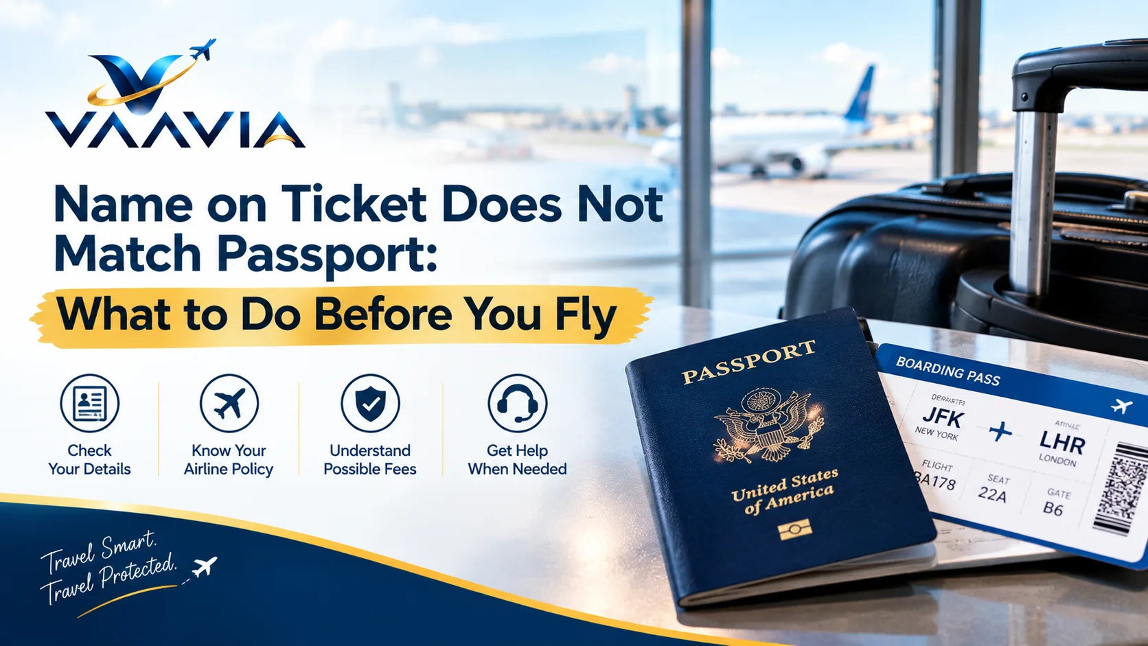 Vaavia travel banner explaining what to do when the name on an airline ticket does not match the passport before flying.